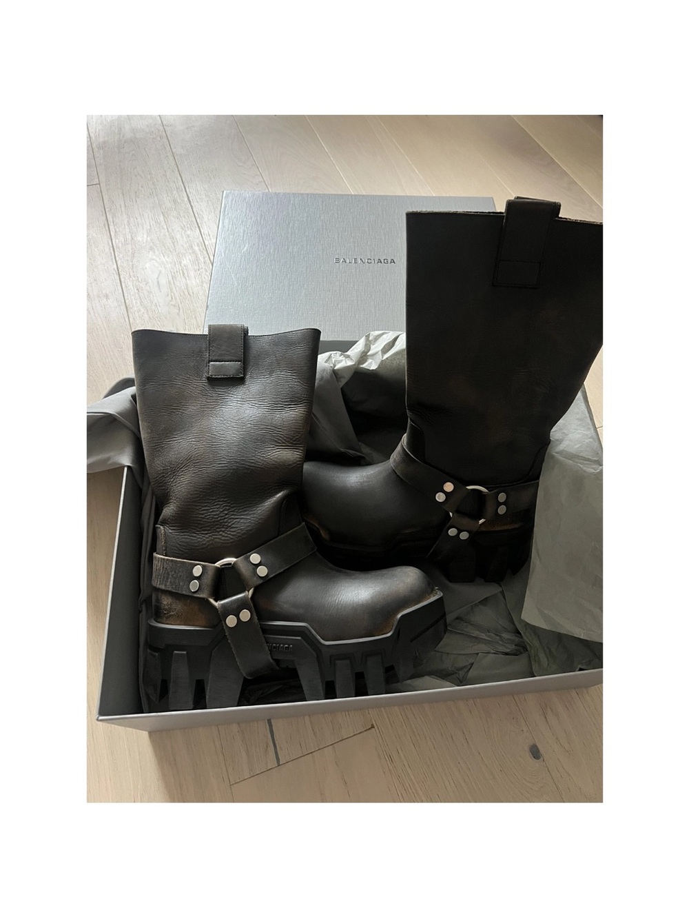 Balenciaga Black Leather Harness Chunky Mid-Calf Boots